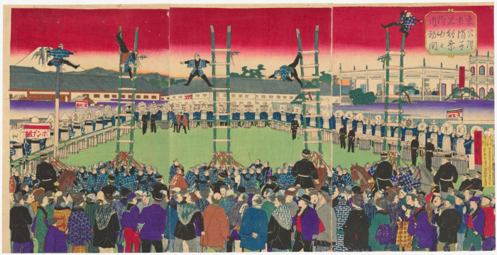 Woodblock print of Japanese Firefighters event