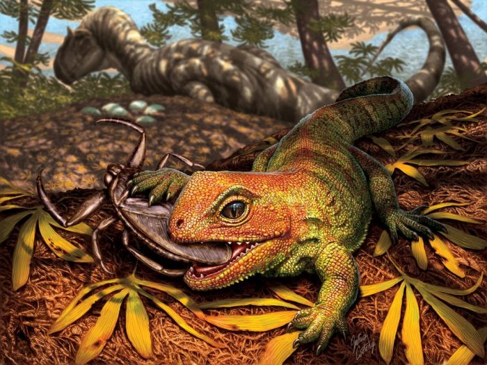 Illustration of prehistoric lizard eating a bug