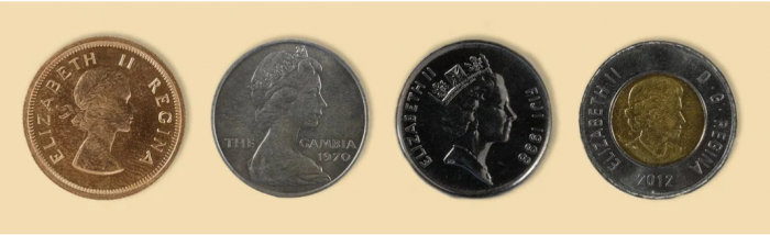 Four coins aligned with portraits of Queen Elizabeth II