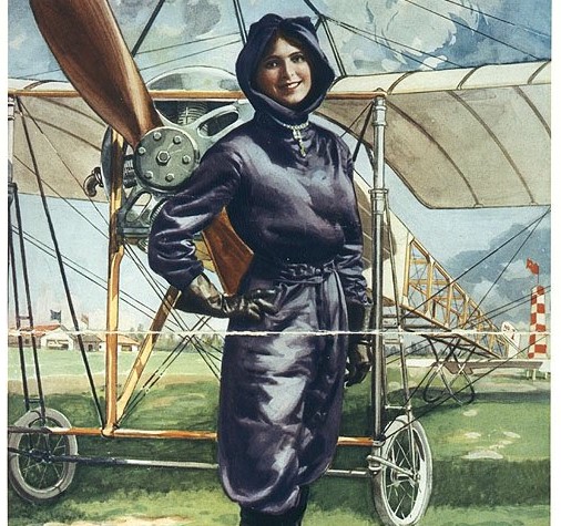 Watercolor painting of Quimby in flying gear in front of biplane