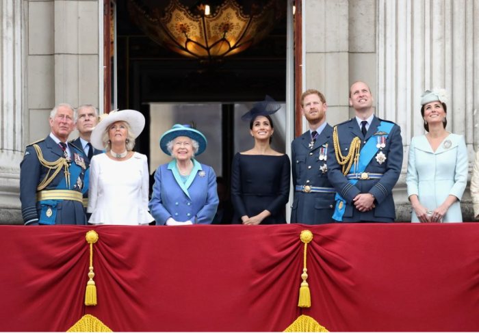 Queen with members of royal family on reviewing stand