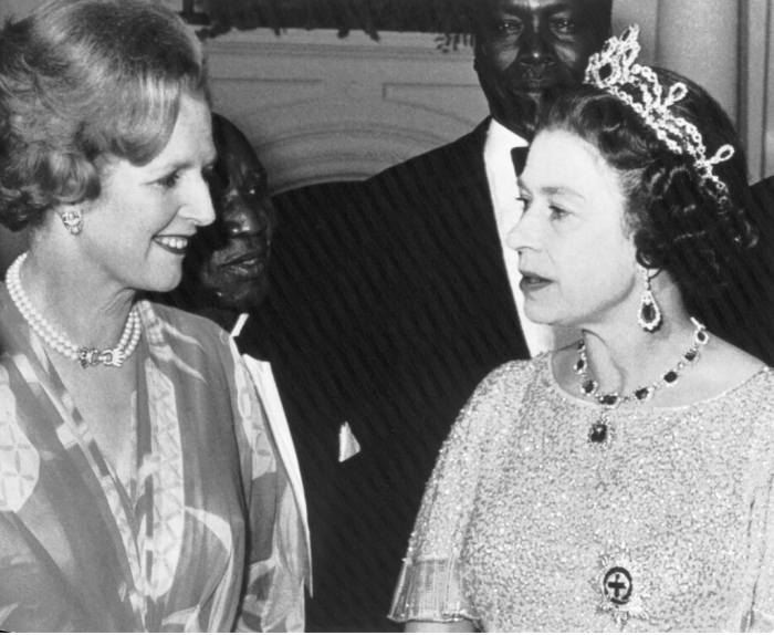 Black and white photo of Queen ELizabeth and PM Margaret Thatcher