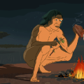 Illustration showing caveman roasting meat at a fire