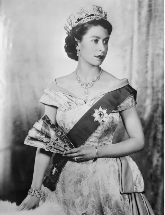 Black and white coronation photo of Queen ELizabeth II