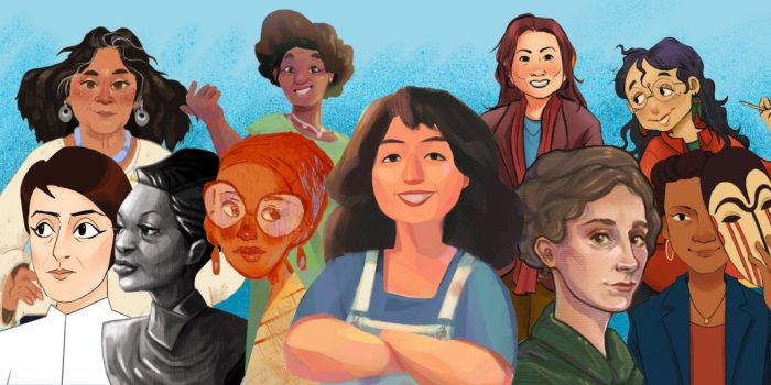 Illustration of various female artists featured in Drawn to Art series