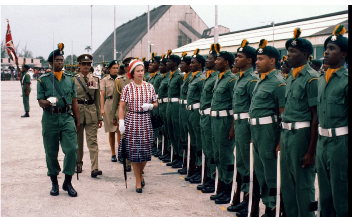 Queen reviews Barbadian troops