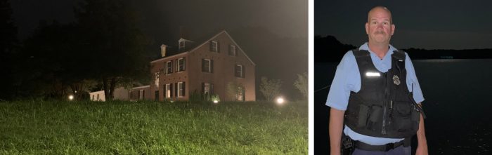 Composite of Woodlawn House looking spooky and Security Guard