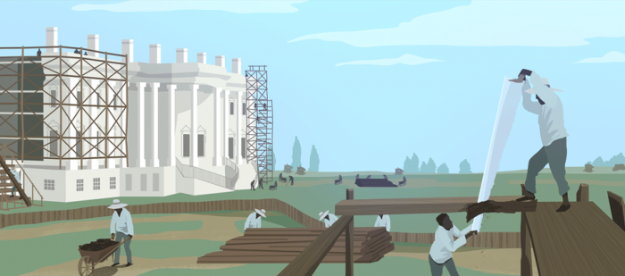 Illustration showing black workers and the White House under construction
