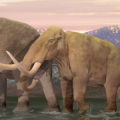 Illustration of mammoths at watering hole