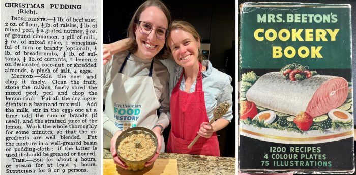 Ashley Rose Young and Lizzie proudly show their figgy pudding batter, created with the recipe from Mrs. Beeton’s Cookery Book. Photo by James Morrison. 