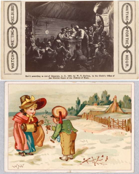 Top: Waiting for the Hour Carte-de-visite of an emancipation watch night meeting 1863. Smithsonian’s National Museum of African American History and Culture. Bottom: Greeting card depicting boy offering girl a branch of mistletoe, circa 1880. Cooper Hewitt, Smithsonian Design Museum. 