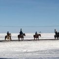 Riders on horseback proceed across a snowy field