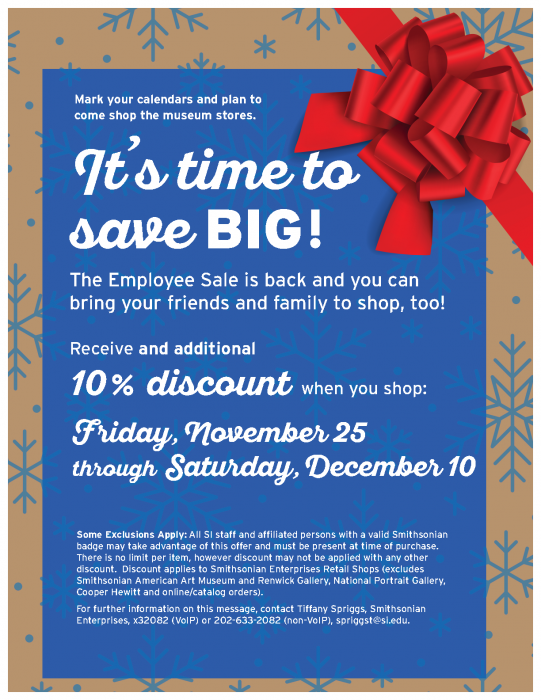 Poster for Smithsonian Stores sale "It's time to save big"