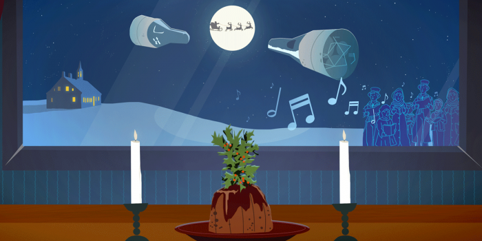 Graphic illustration for Sidedoor Episode "A Very Merry SIdedoor" featuring candles, figgy pudding and a space station