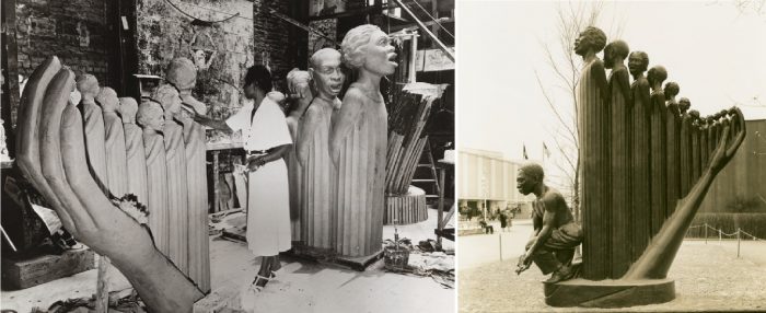 Side-by-side photos of August Savage with her sculptures Art, Sculpture, and Harp