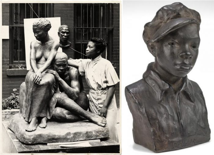 Photo of Augusta Savage with her sculpture "Realization" and a close-up of a bust of an African American woman