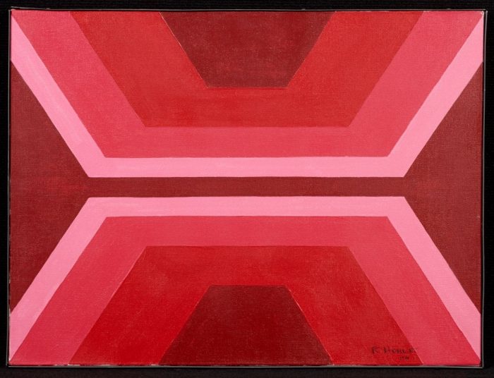 Geometric painting with various shades of red and pink