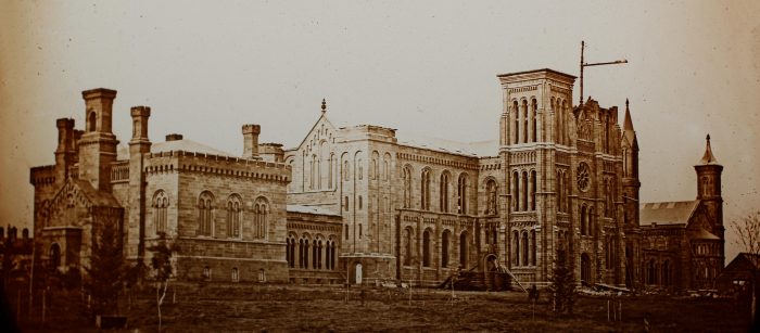 Slide of the Smithsonian Castle under construction