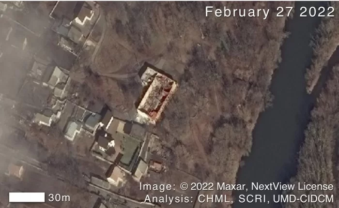 Satellite image of destroyed buildig
