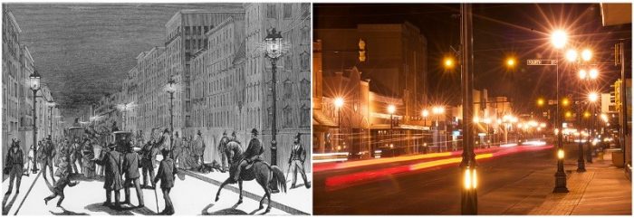 Side-by-side images of streets lit by streetlights