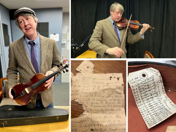 Composite of Cliff Hall with violin and notes found with it