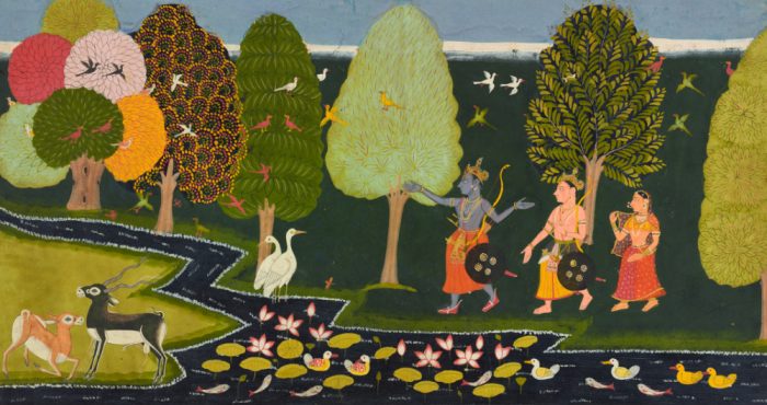 Indian painting of Rama, Lakshmana, and Sita in the Chitrakuta forest,