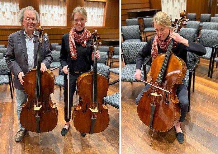 Lizzie Porter and Kevin SLowik hold cellos from the NMAH collection