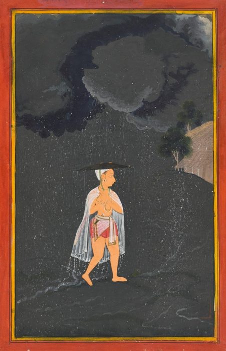Indian painting od man in rain gear walking through heavy rain