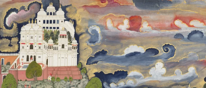 A white palace and garden are offset against a painterly, colorful, cloudy sky.