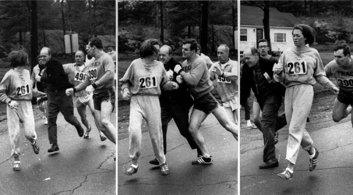 Three photos showing Switzer being pushed by a male runner