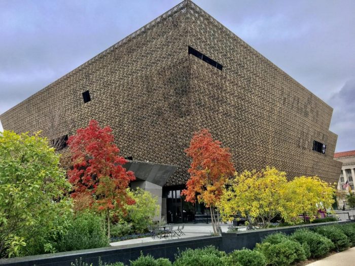 Fall trees line sidewalk in front of NMAAHC