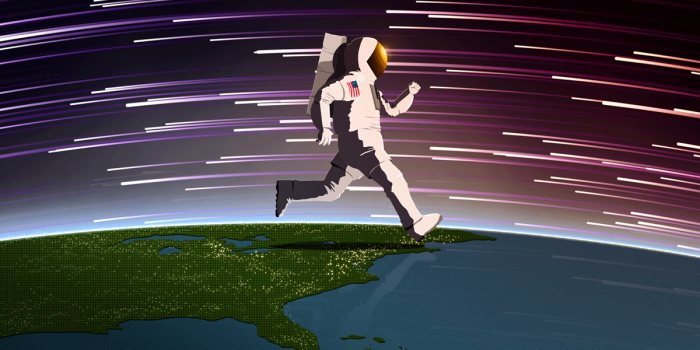 Graphic for Sidedoor 9.4, an astronaut running across the surface of the globe