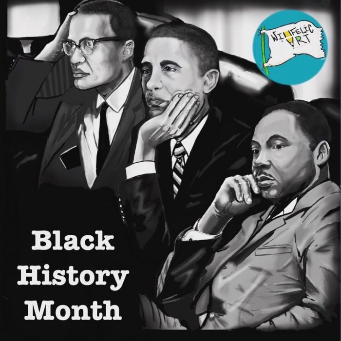 Black History Month Digital art showing MLK, Jr, Barack Obama and Malcom X