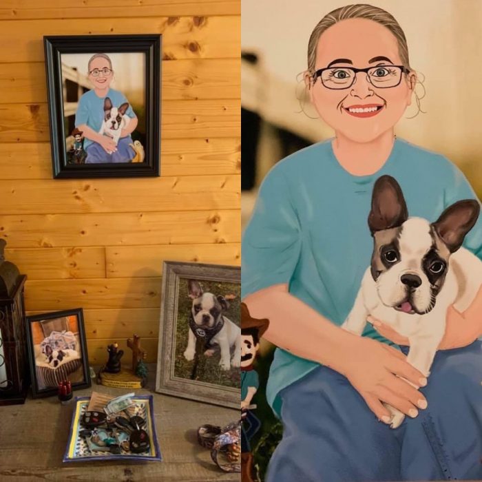 Framed art and photos side-by side with close up of artwork featuring woman holding French bulldog