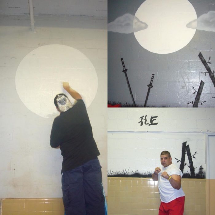 Composite of Feliciano working on marital arts-themed mural