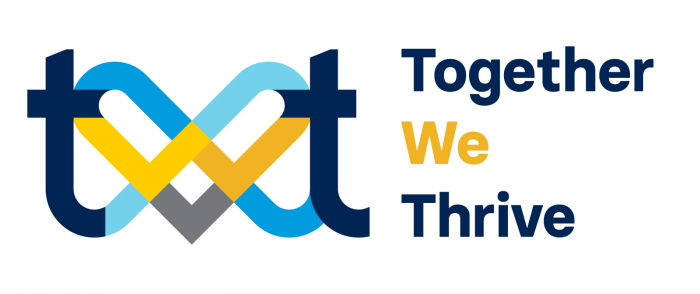 Logo for OUSE slogan "Together we thrive" with design showing a heart made from the W