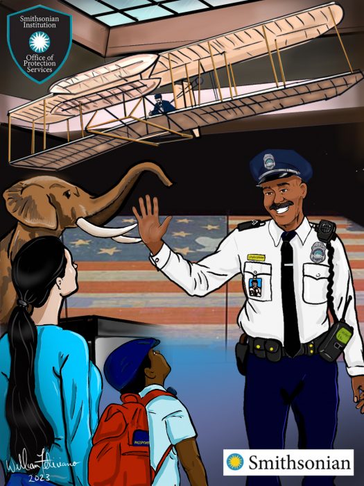 Drawing showing OPS officer interacting with visitors to National Air and Space Museum.