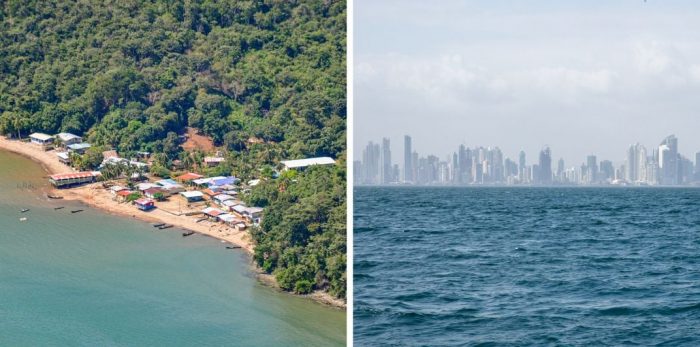 Side by side photos of island coastline and city skyline