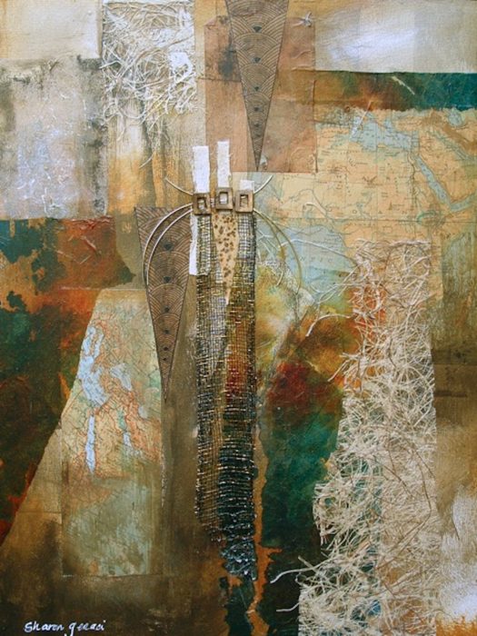 An abstract collage by Sharon Robinson using mixed media