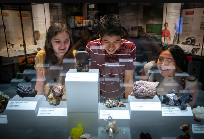 Three young people looking at minerals in display case