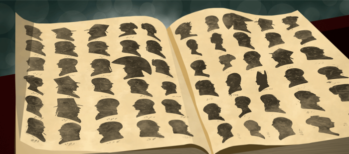 Graphic illustration of ledger book filled with silhouettes