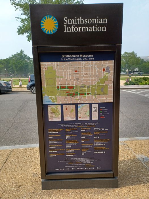 Wayfinding kiosk on the sidewalk with Museum map on one side.