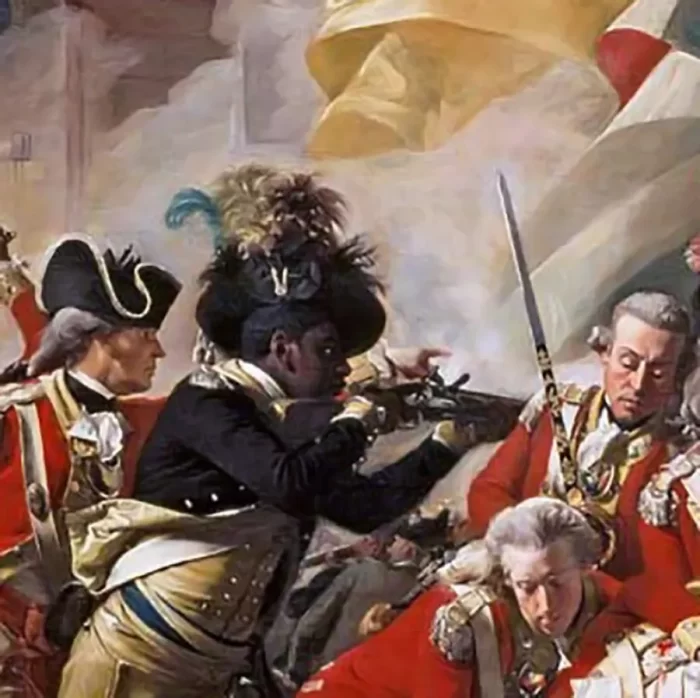 Detail from John Singleton Copley, "The Death of Major Peirson," 6 January 1781 (1783), Tate Gallery, London showing Black solderi in French (?) uniform in combat with British redcoats