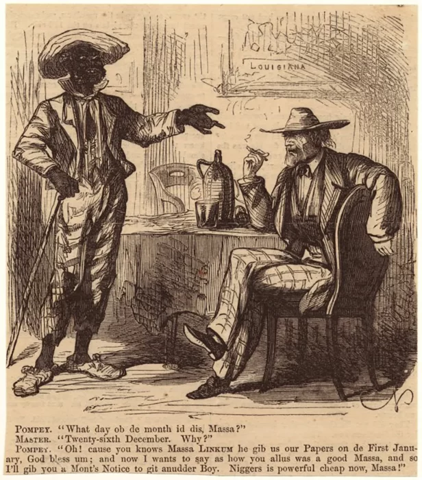 Newspaper cartoon showing enslaved person "giving notice" in anticipation of emancipation