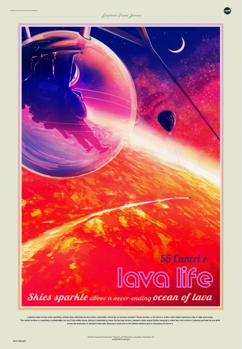 Travel poster showing lava covered planet