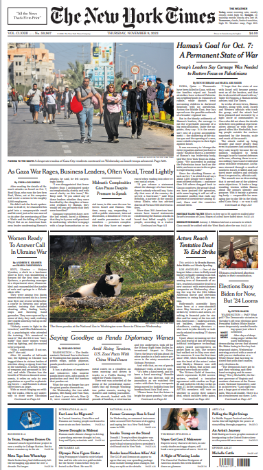 Front page of New York Times for Nov 9, 2023