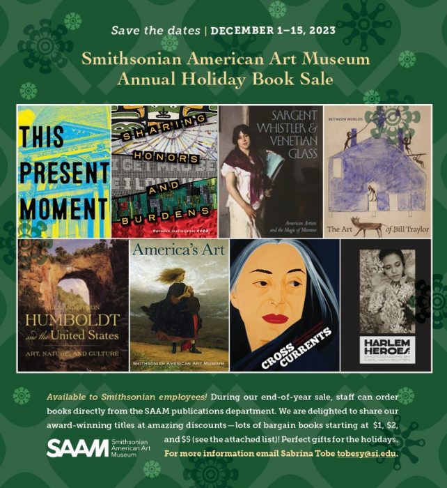 Poster graphic for SAAM book sale featuring various book covers