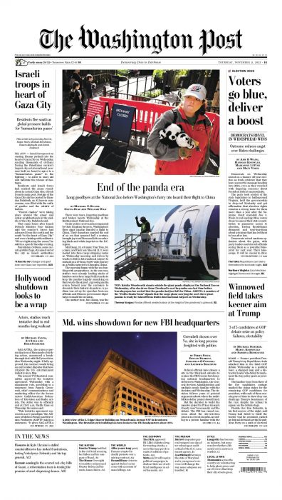 Front page of the Washington Post for Nov 9. 2023