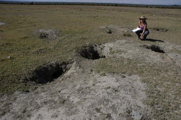 Pobiner in the field near a hyena den