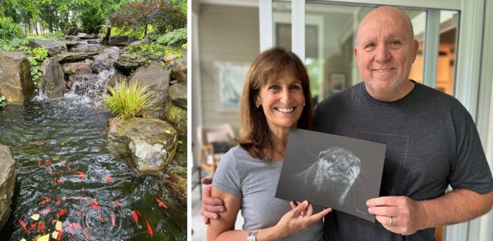 Composite photo of koi pond and couple holding sketch